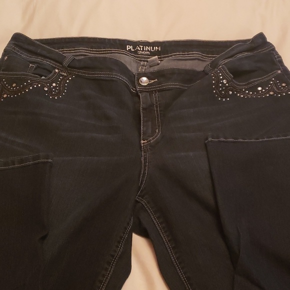 Chico's Denim - Chico's Jeans Platinum Dark denim Boot cut with Rhinstone pockets